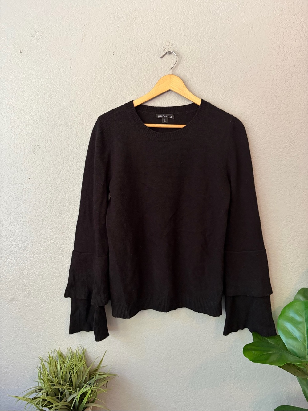 J. Crew Mercantile Cotton Wool Black Layered Bell-Sleeve Knit Sweater Size S
